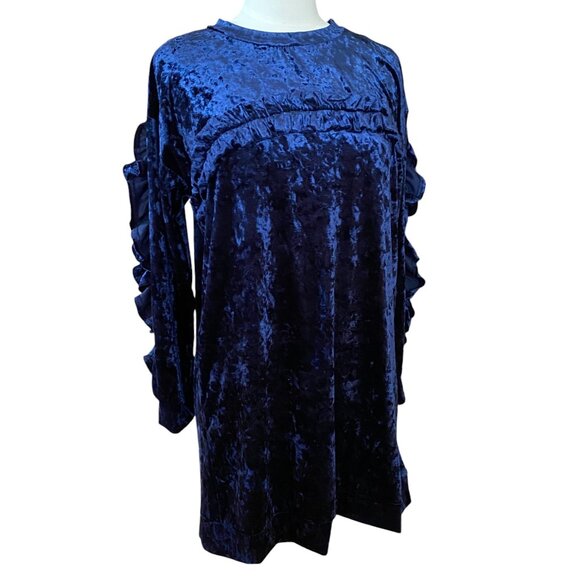 NWT Kaktus Crushed Velvet Ruffle Mini Dress Navy Blue Shift Dark Fairy Grunge-M - Picture 6 of 16